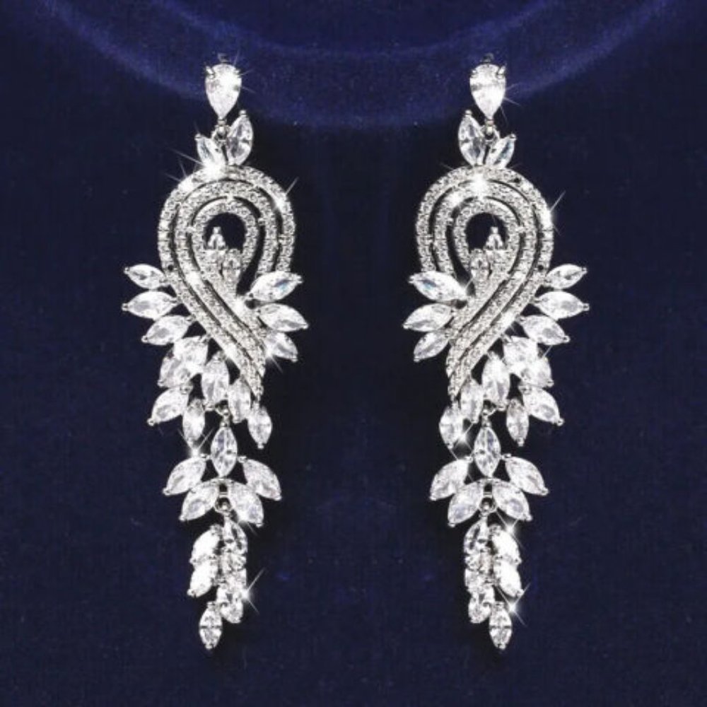 Wedding Earrings Chandelier Leaf Diamond Rhinestone Crystal Dangle Drop Earrings